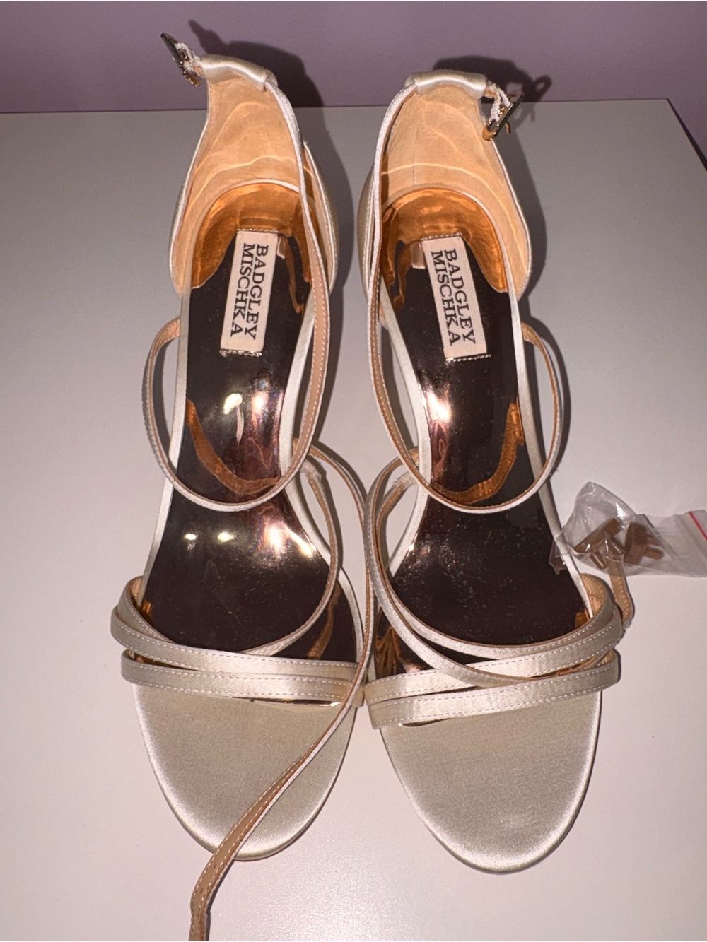 Badgley Mischka Champagne Satin Strappy Heels